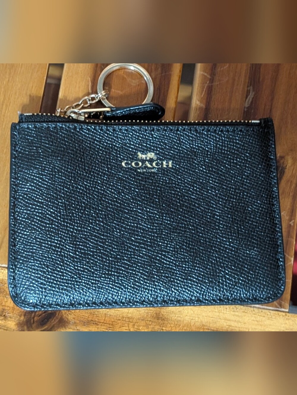 Coach Black Leather Zip Wristlet with Gold Logo and Key Ring